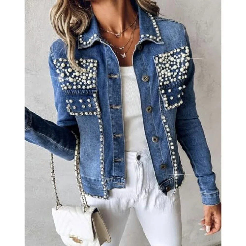 Cropped Denim Jacket with Pearls Rhinestones Lapel Collar Blazer